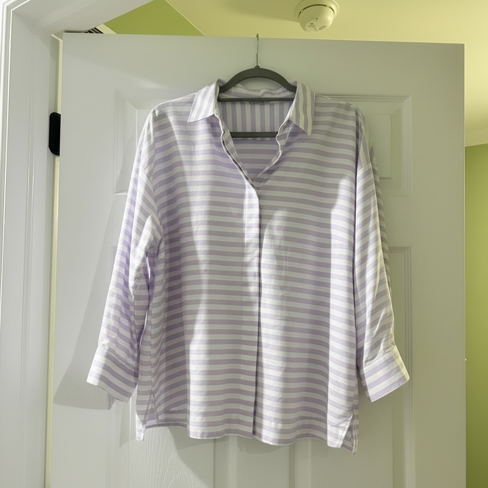 Hinson Wu Lavender Stripe Popover Blouse XXL Zip Back Cotton Shirt Preppy